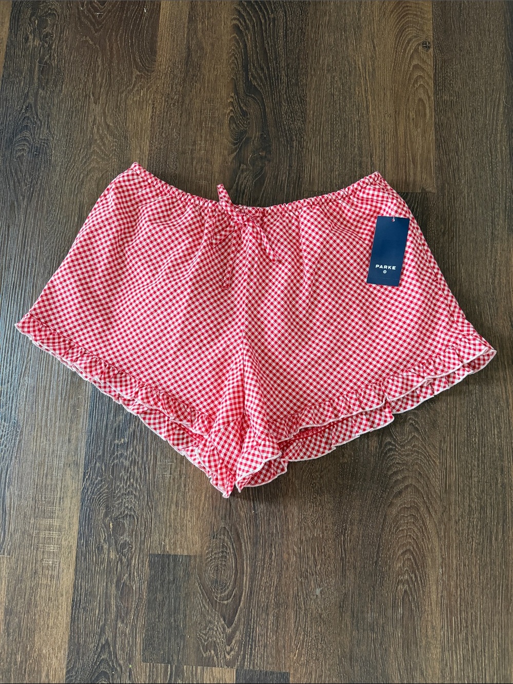 Parke Target-  Red Gingham Ruffle-Hem High Waist Women’s Short with pockets